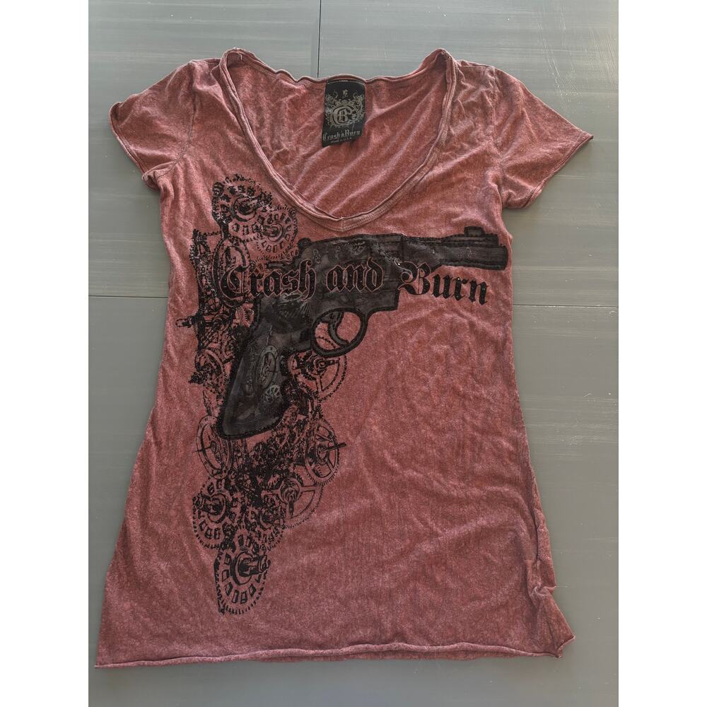 Crash and Burn Deep Vneck Embellished Gun Y2k Womens Size Small